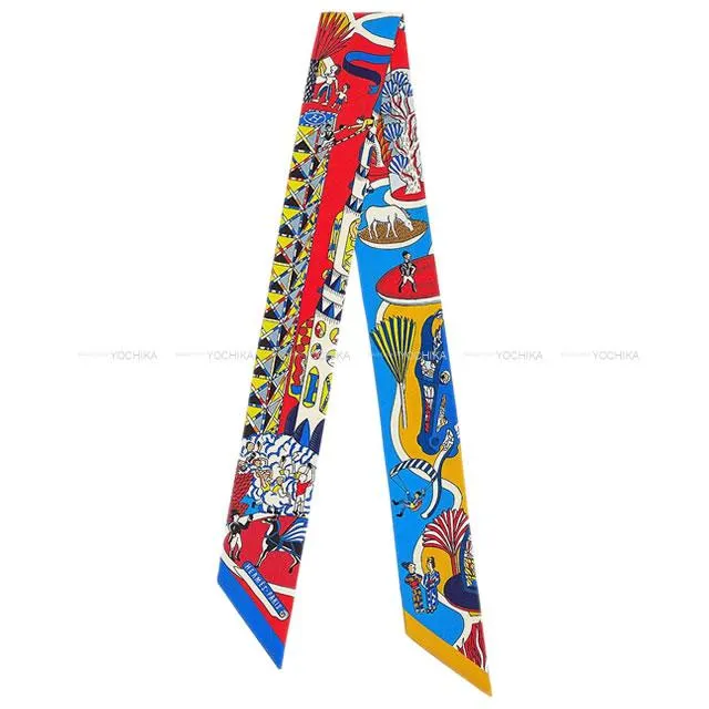 2020AW HERMES scarf Twilly Exposition Universelle Rouge/Blue Electric/Gold Silk100%[EXCELLENT][Authentic]