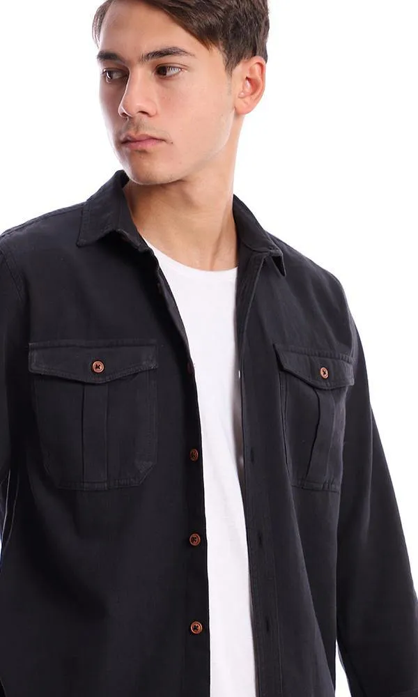 57851 Front Patched Buttoned Pockets Black Shirt