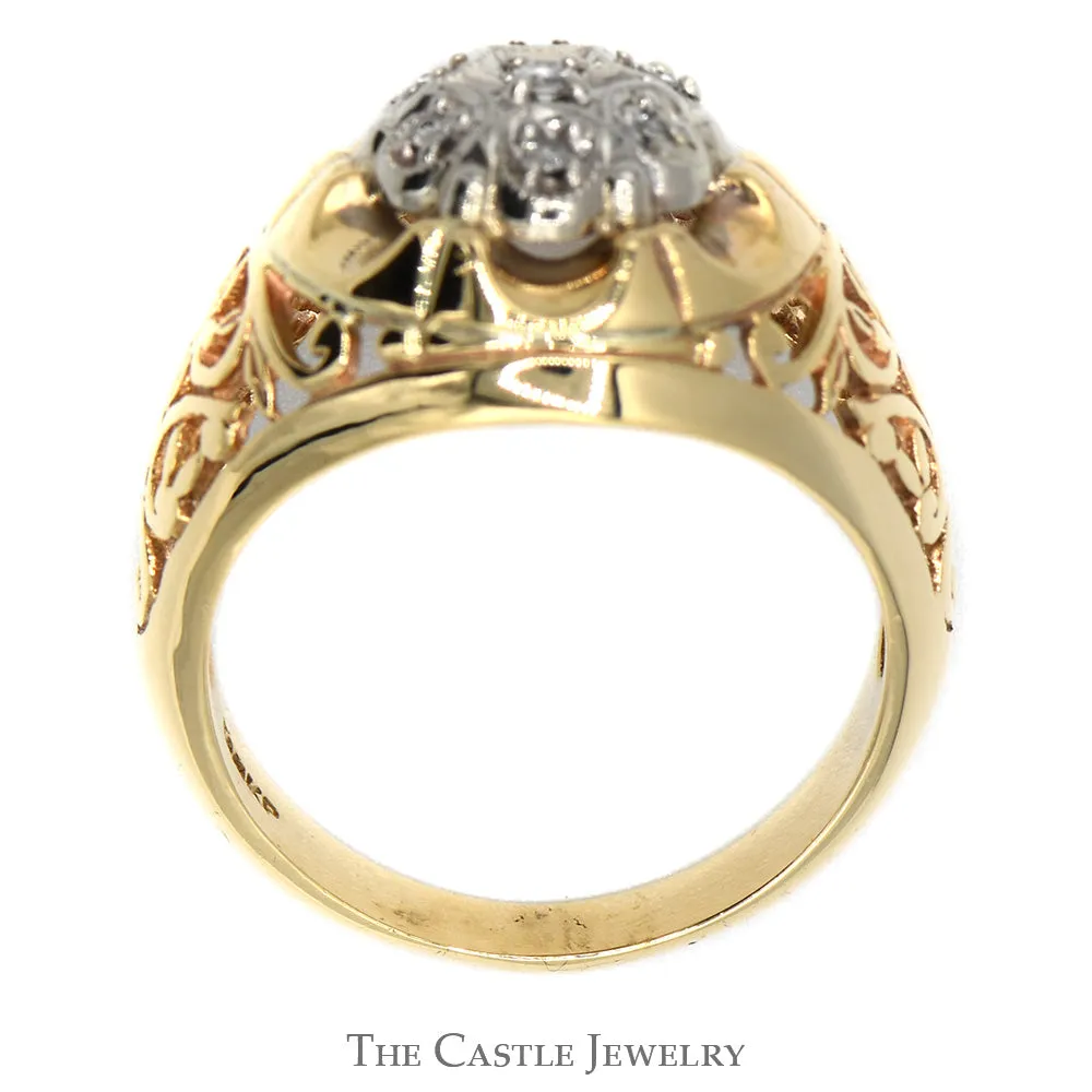 7 Diamond Kentucky Cluster Ring in 10k Yellow Gold Open Filigree Mounting