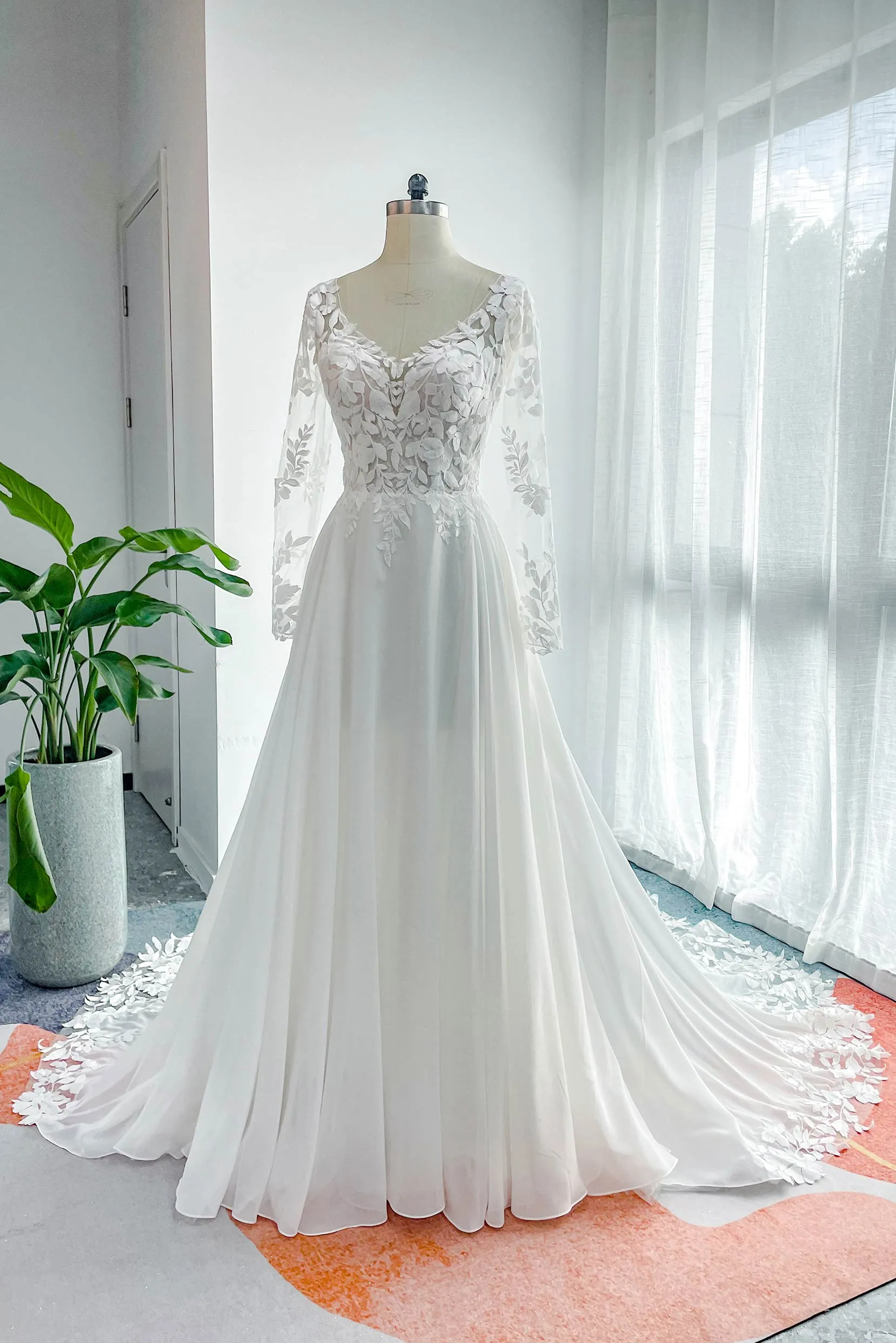 A-Line Court Train Lace Chiffon Wedding Dress CW3163