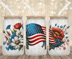 American Flag Floral UV Transfer for 16 oz Glass Can