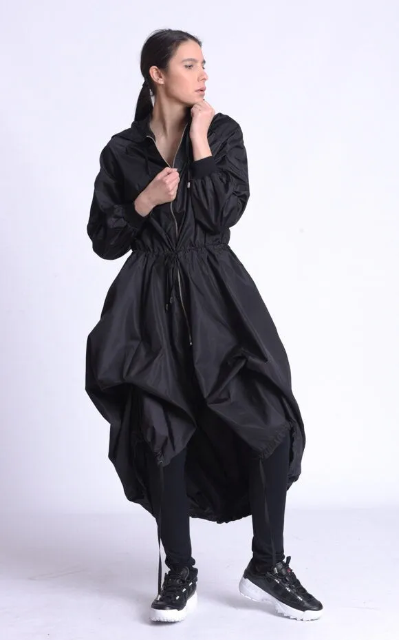 Black Asymmetric Hooded Raincoat