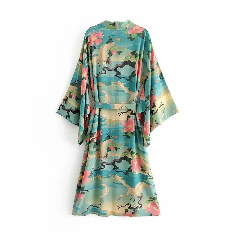 Bohemian Handmade Kimono, Vintage Green Crane Floral Print Sashes  Women Bohemian V Neck Batwing Sleeves, Robe Kimono Cover-up