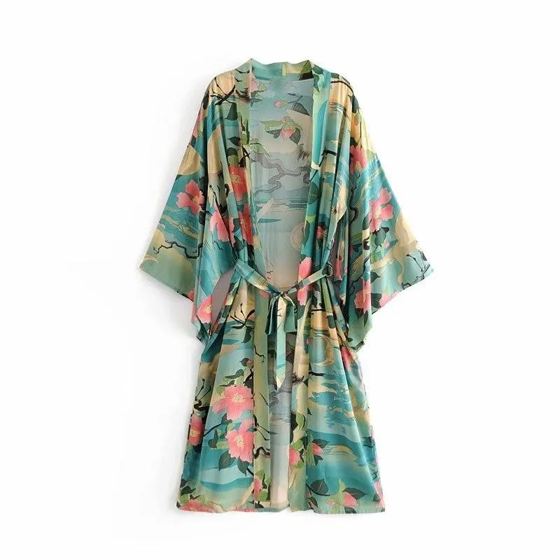 Bohemian Handmade Kimono, Vintage Green Crane Floral Print Sashes  Women Bohemian V Neck Batwing Sleeves, Robe Kimono Cover-up