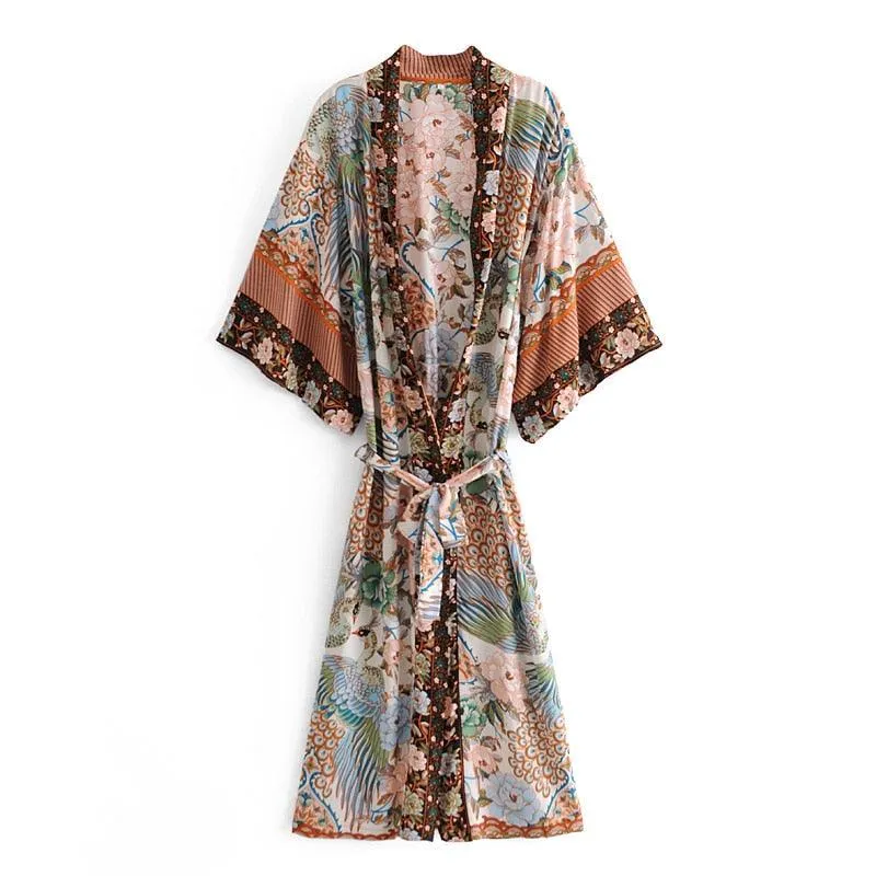 Bohemian Peacock Floral Print Bat Sleeve Kimono, Beach Bohemian Kimono, Maxi Robe Ladies V Neck Boho Summer Bikini Cover-up