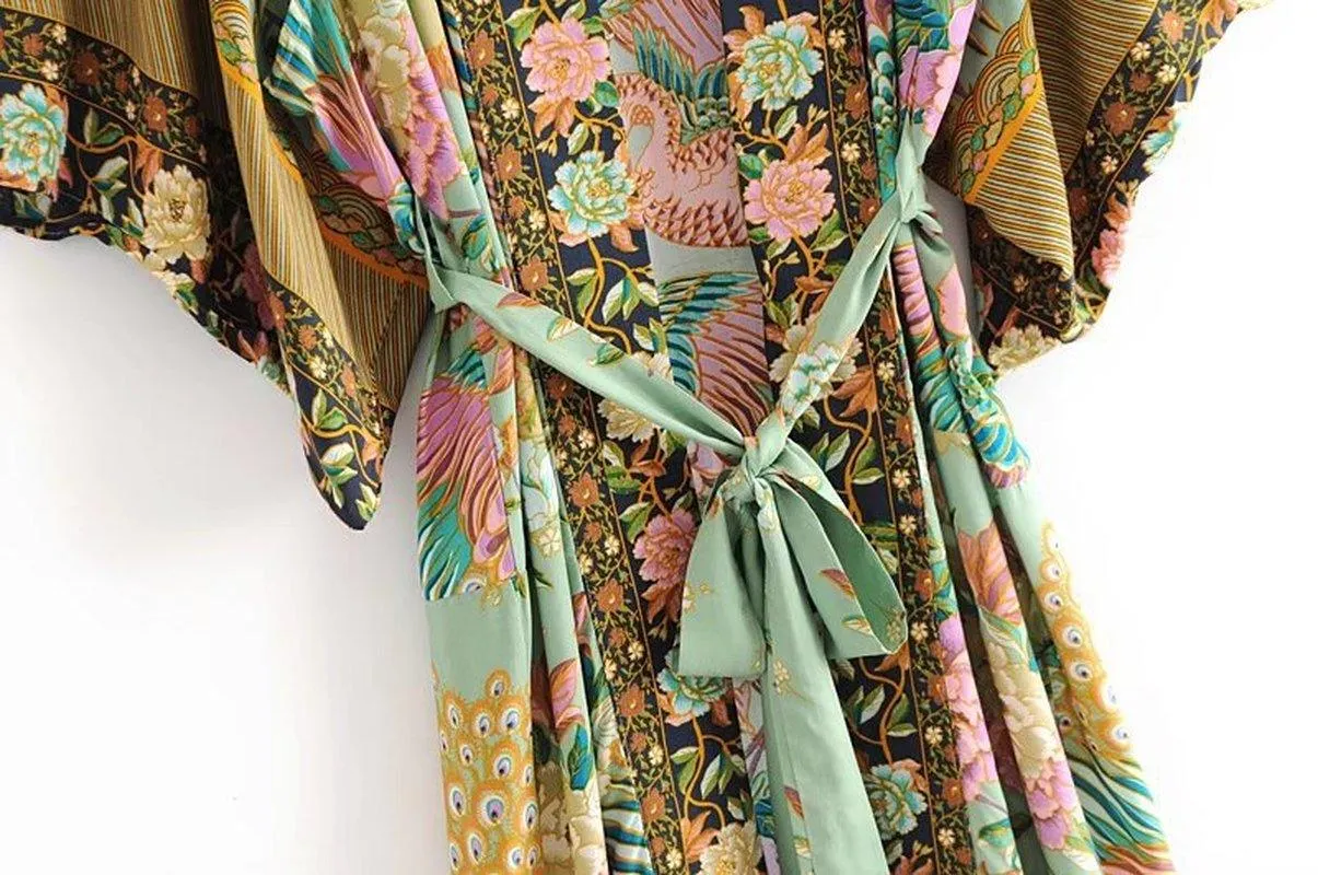 Bohemian Peacock Floral Print Bat Sleeve Kimono, Beach Bohemian Kimono, Maxi Robe Ladies V Neck Boho Summer Bikini Cover-up