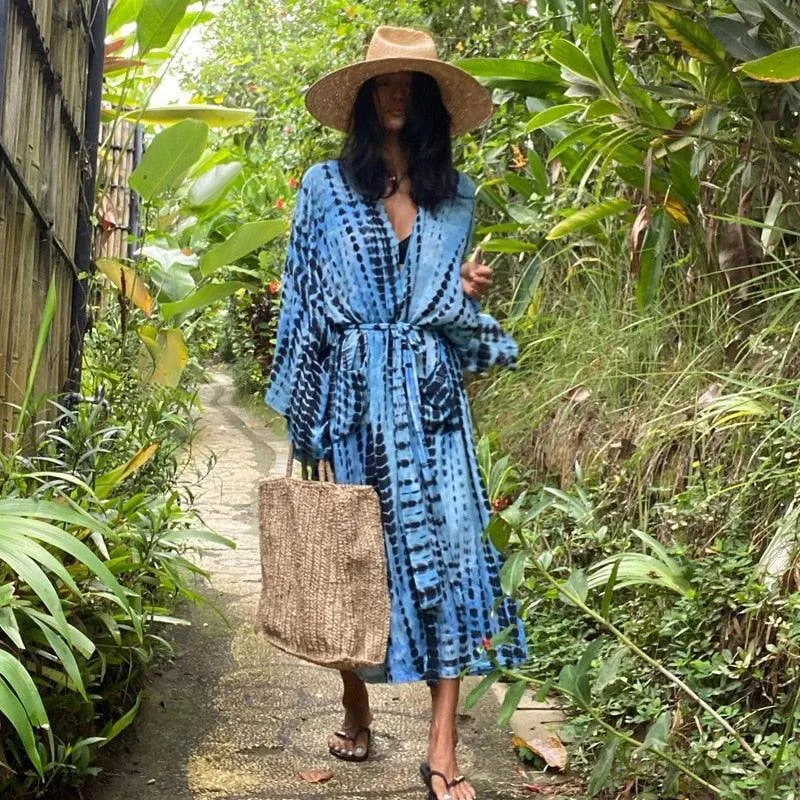 Bohemian striped Print V-neck batwing Sleeves Sashes Kimono, Kimono robe Ladies Boho Maxi Bikini Cover-up