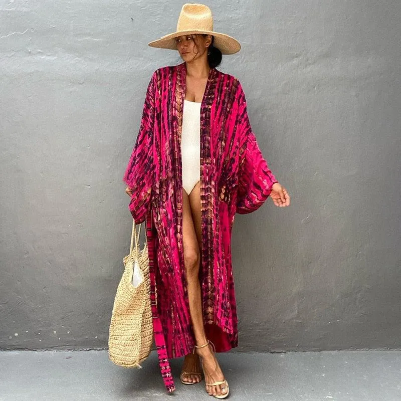 Bohemian striped Print V-neck batwing Sleeves Sashes Kimono, Kimono robe Ladies Boho Maxi Bikini Cover-up