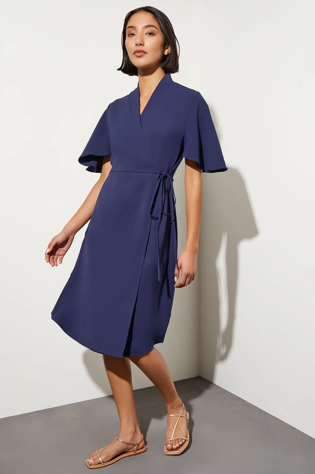 Butterfly Sleeve Crepe de Chine Wrap Dress, Indigo