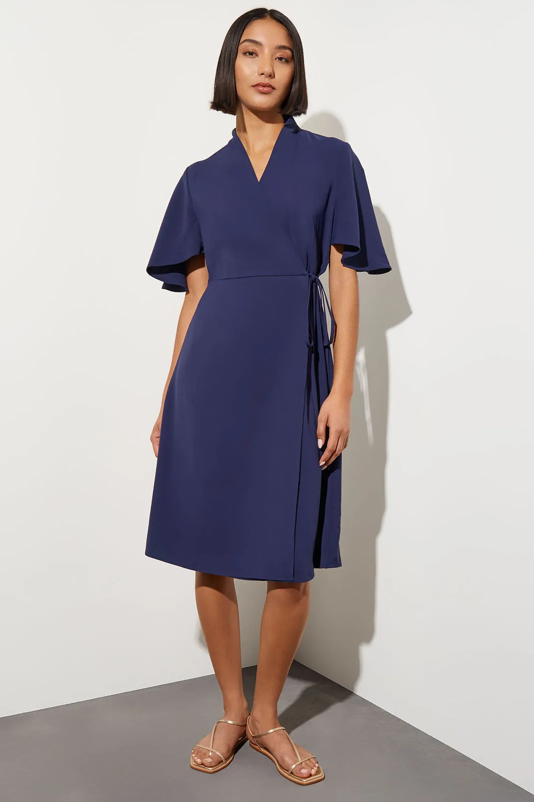 Butterfly Sleeve Crepe de Chine Wrap Dress, Indigo