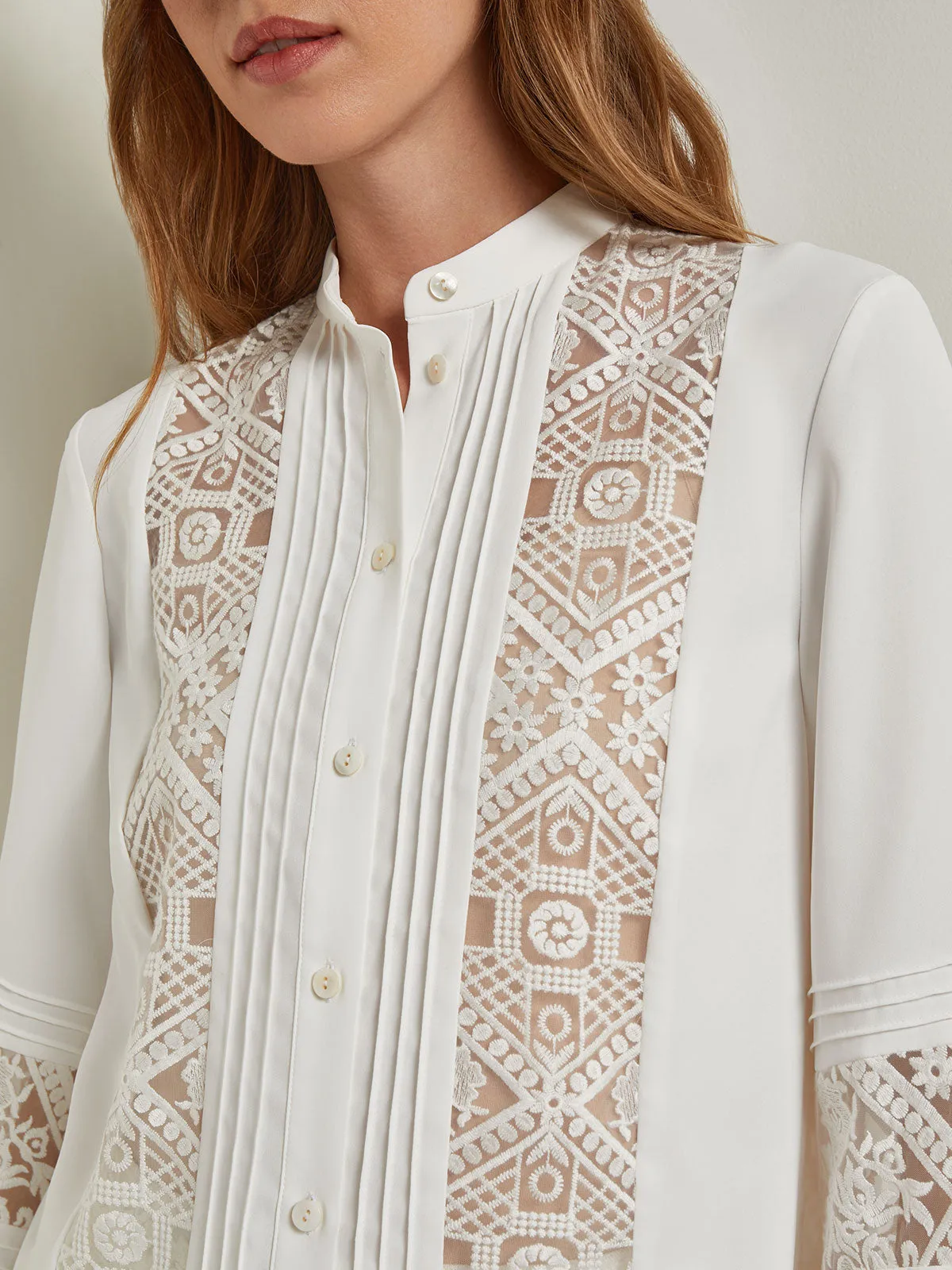 Button-Front Blouse - Lace Detail Crepe de Chine