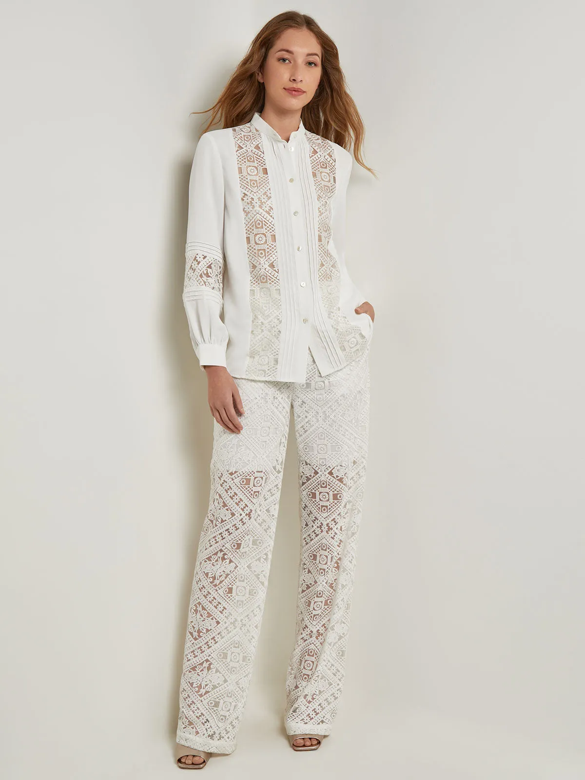 Button-Front Blouse - Lace Detail Crepe de Chine