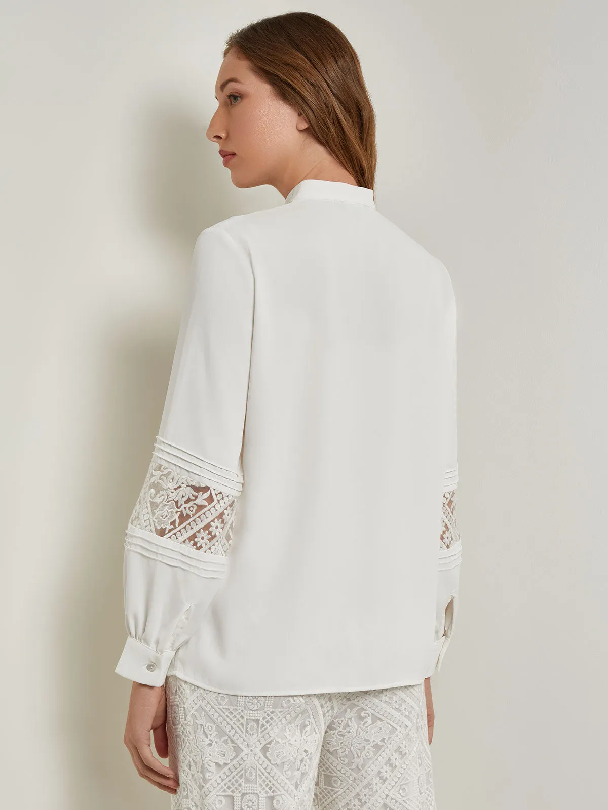 Button-Front Blouse - Lace Detail Crepe de Chine