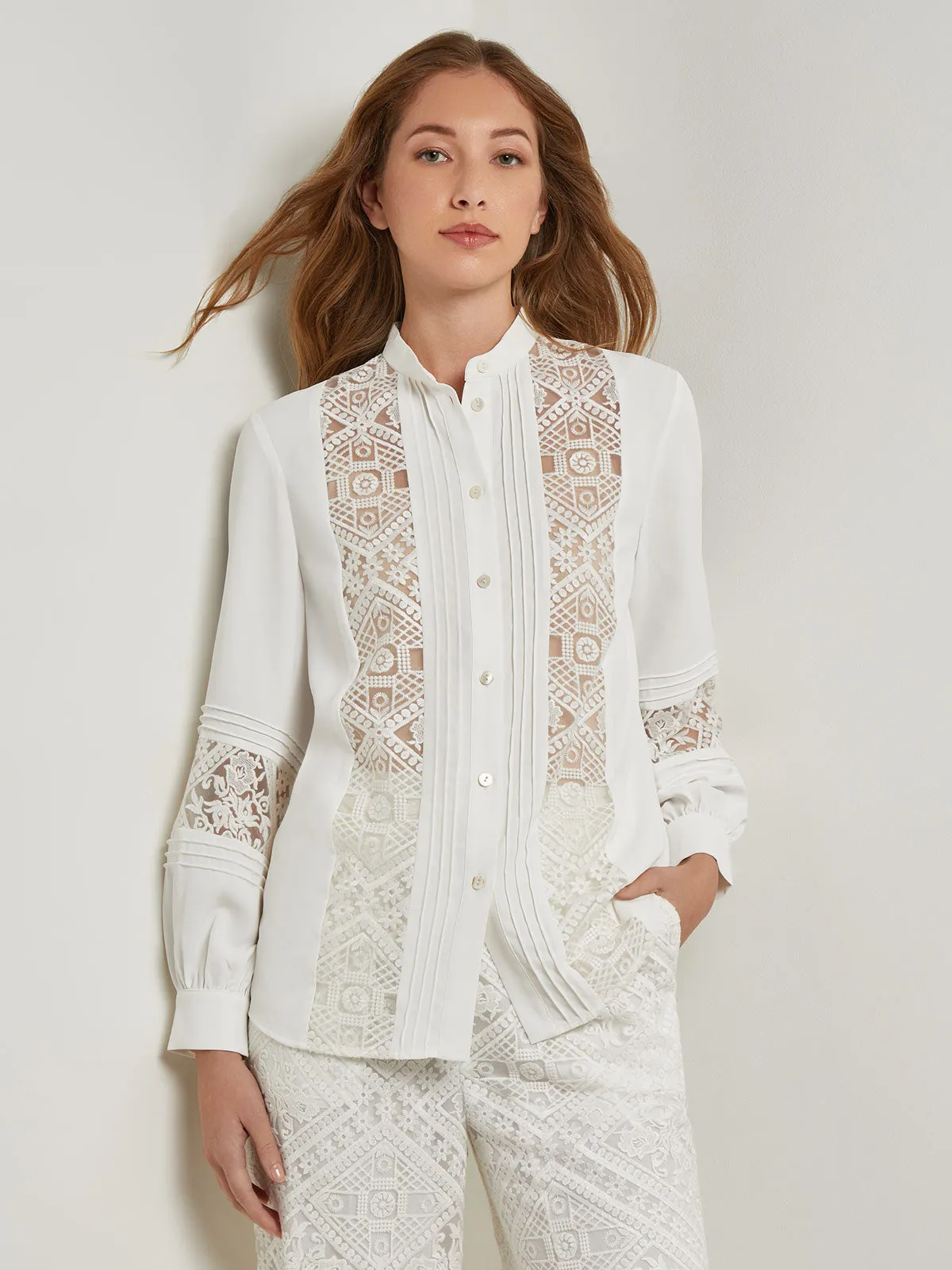 Button-Front Blouse - Lace Detail Crepe de Chine