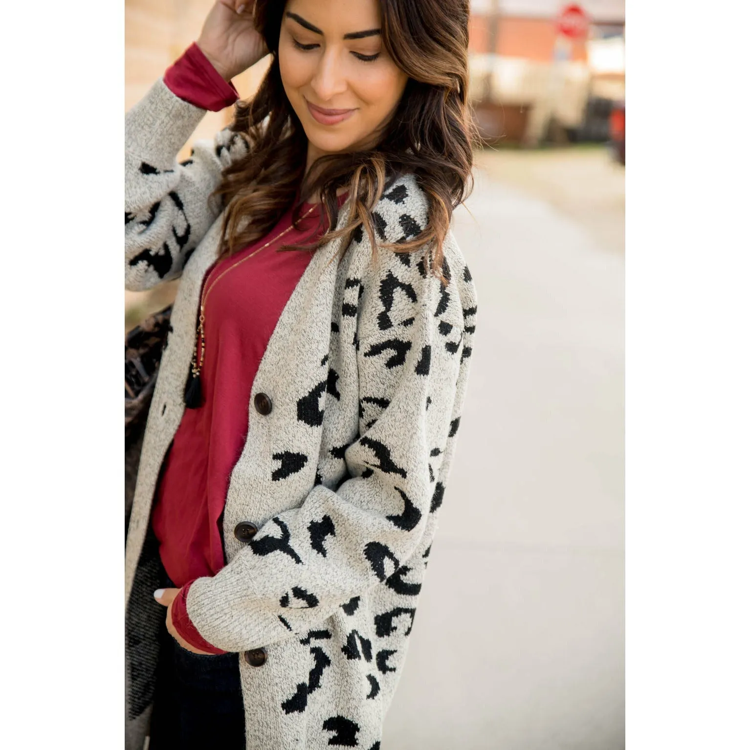 Button Leopard Tunic Cardigan