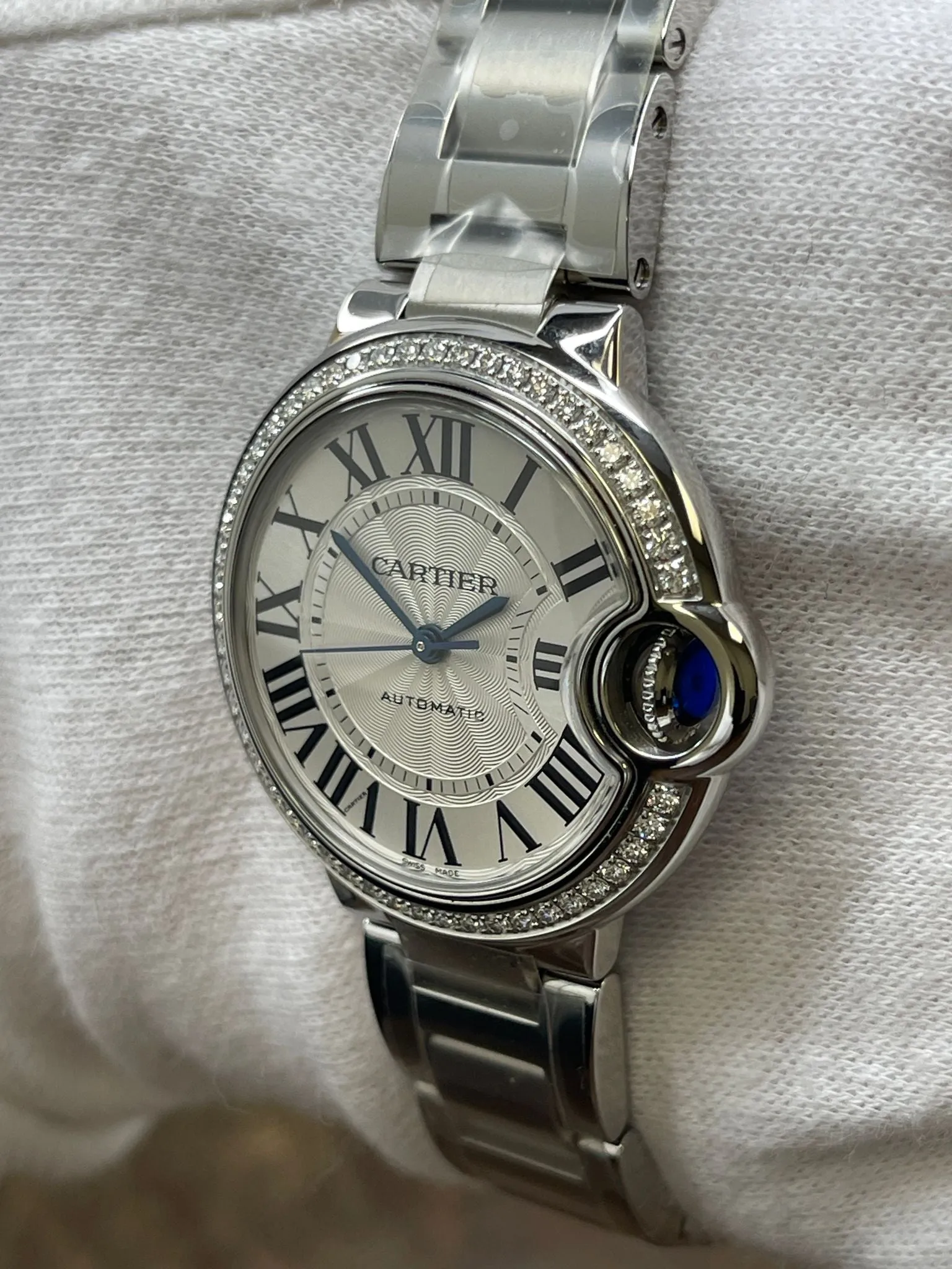 Cartier Ballon Bleu 33mm Diamond Bezel W4BB0023 Silver Dial Automatic Women's Watch