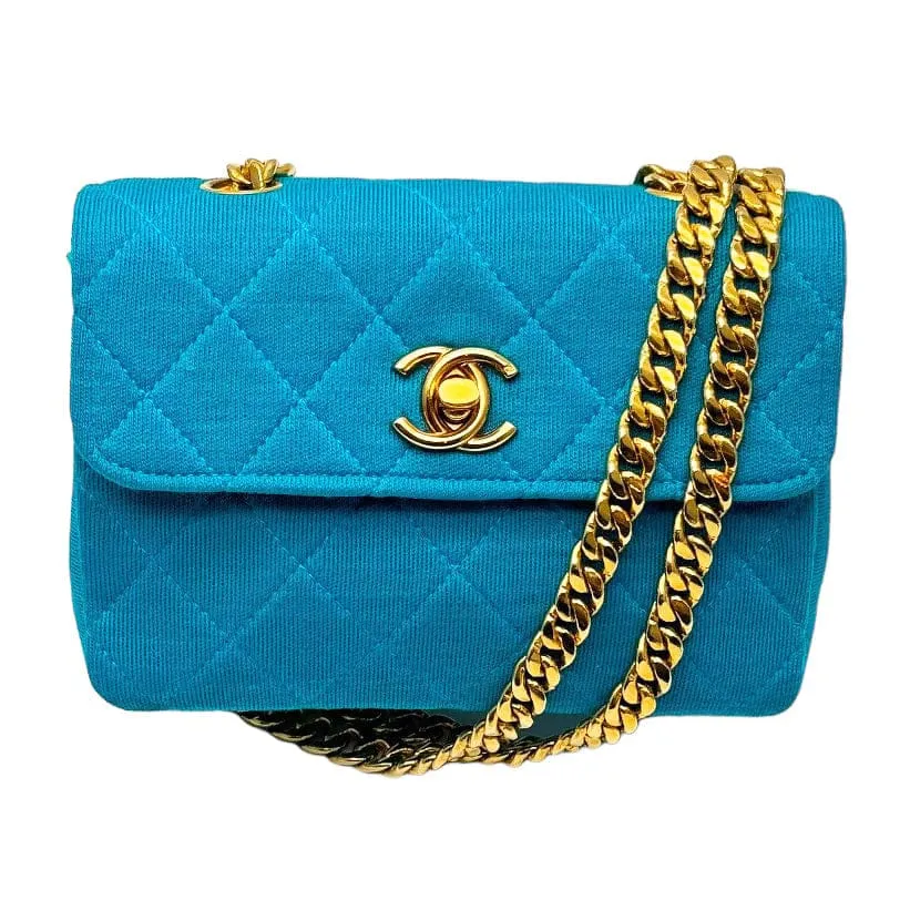 CHANEL Vintage Diamond Quilted Mini Jersey Flap Bag - Turquoise