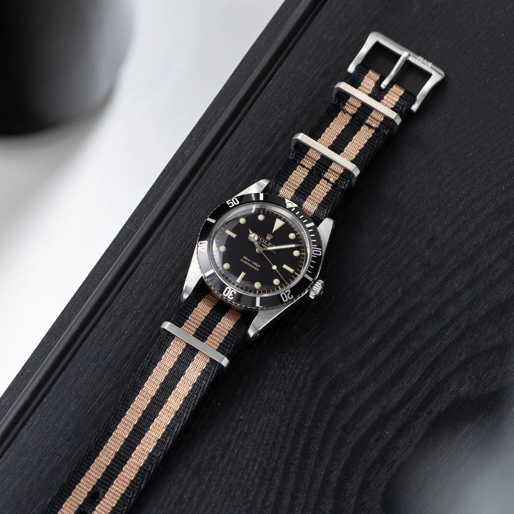 Deluxe Nylon Single Pass Watch Strap Black Two Stripe Bronze