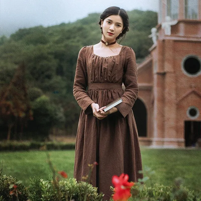 Elsie 100%Linen Coffee Long Dress Ladies Victoria Royal Vintage Elegant Long Sleeve  High Waist Dress robe longue