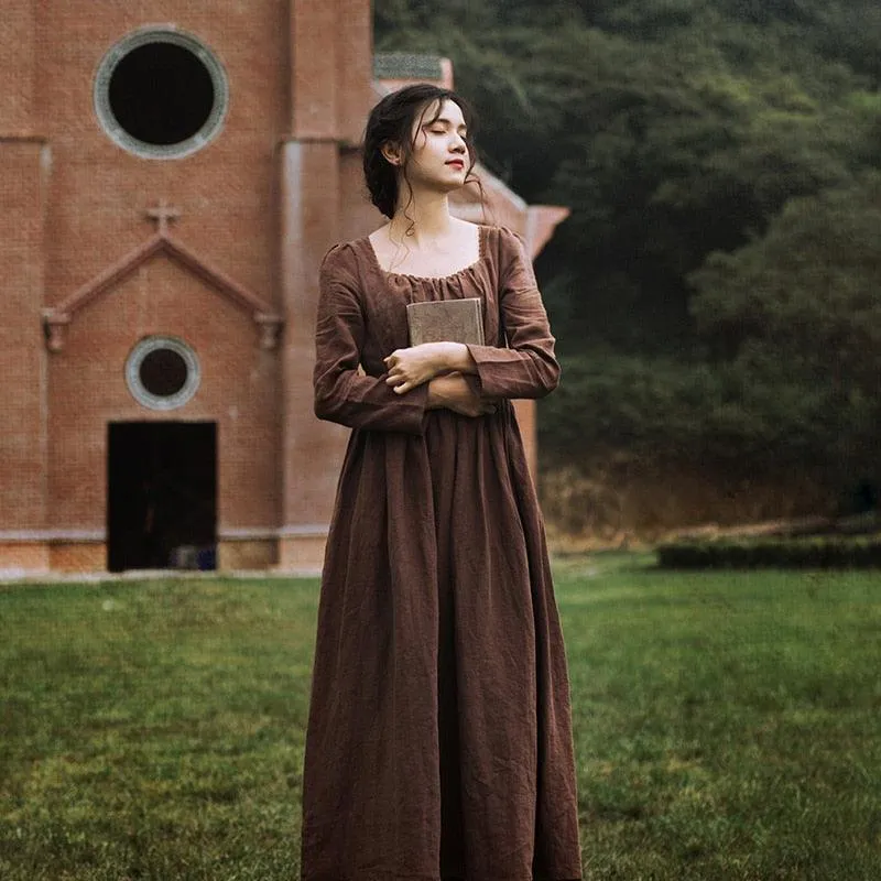 Elsie 100%Linen Coffee Long Dress Ladies Victoria Royal Vintage Elegant Long Sleeve  High Waist Dress robe longue