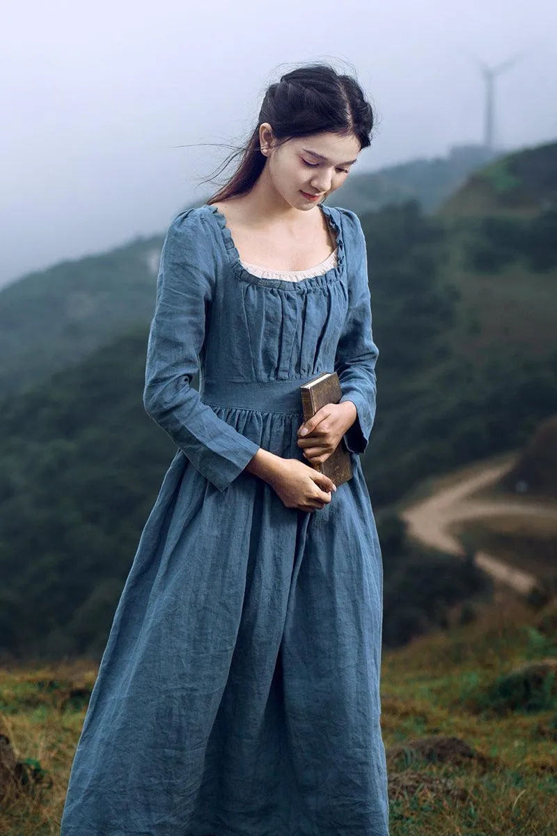 Elsie 100%Linen Long Dress Ladies Victoria Royal Vintage Elegant Long Sleeve  High Waist Dress robe longue