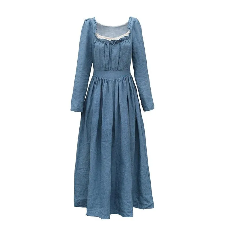 Elsie 100%Linen Long Dress Ladies Victoria Royal Vintage Elegant Long Sleeve  High Waist Dress robe longue