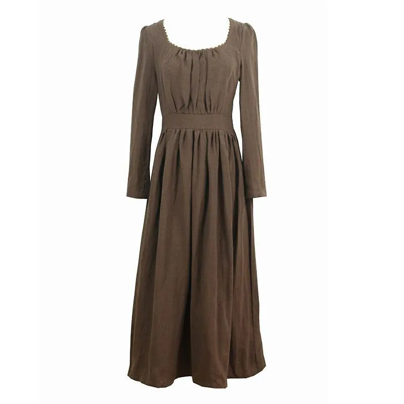 Elsie 100%Linen Long Dress Ladies Victoria Royal Vintage Elegant Long Sleeve  High Waist Dress robe longue