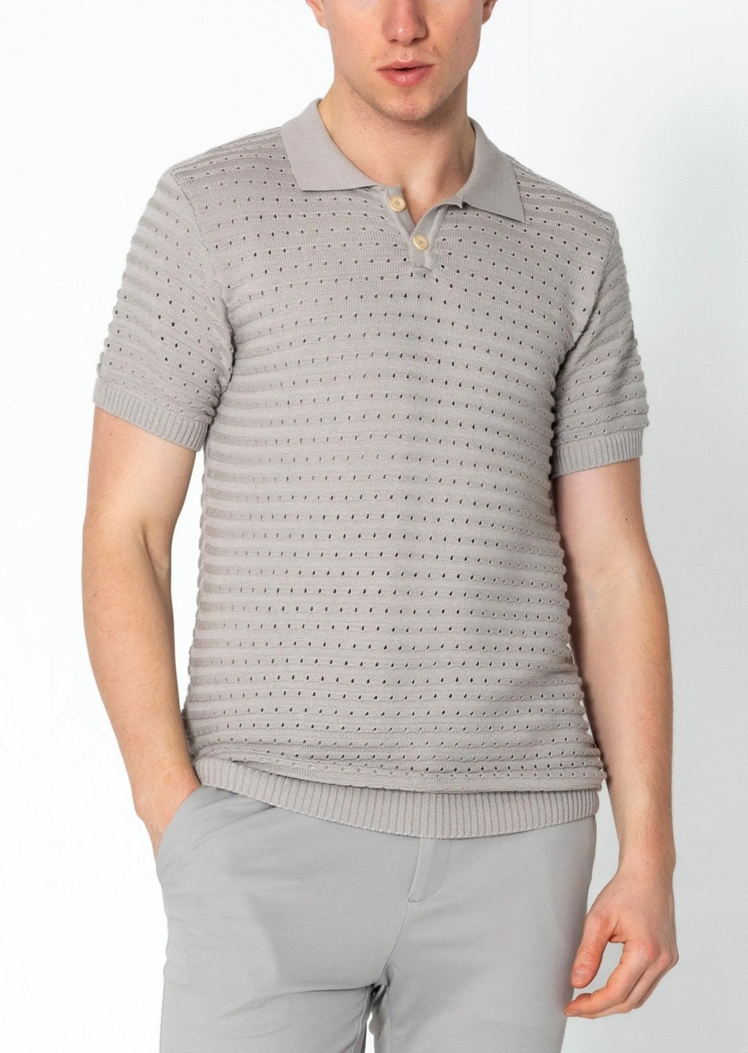 Eyelet Short Sleeve Polo Tee - Grey