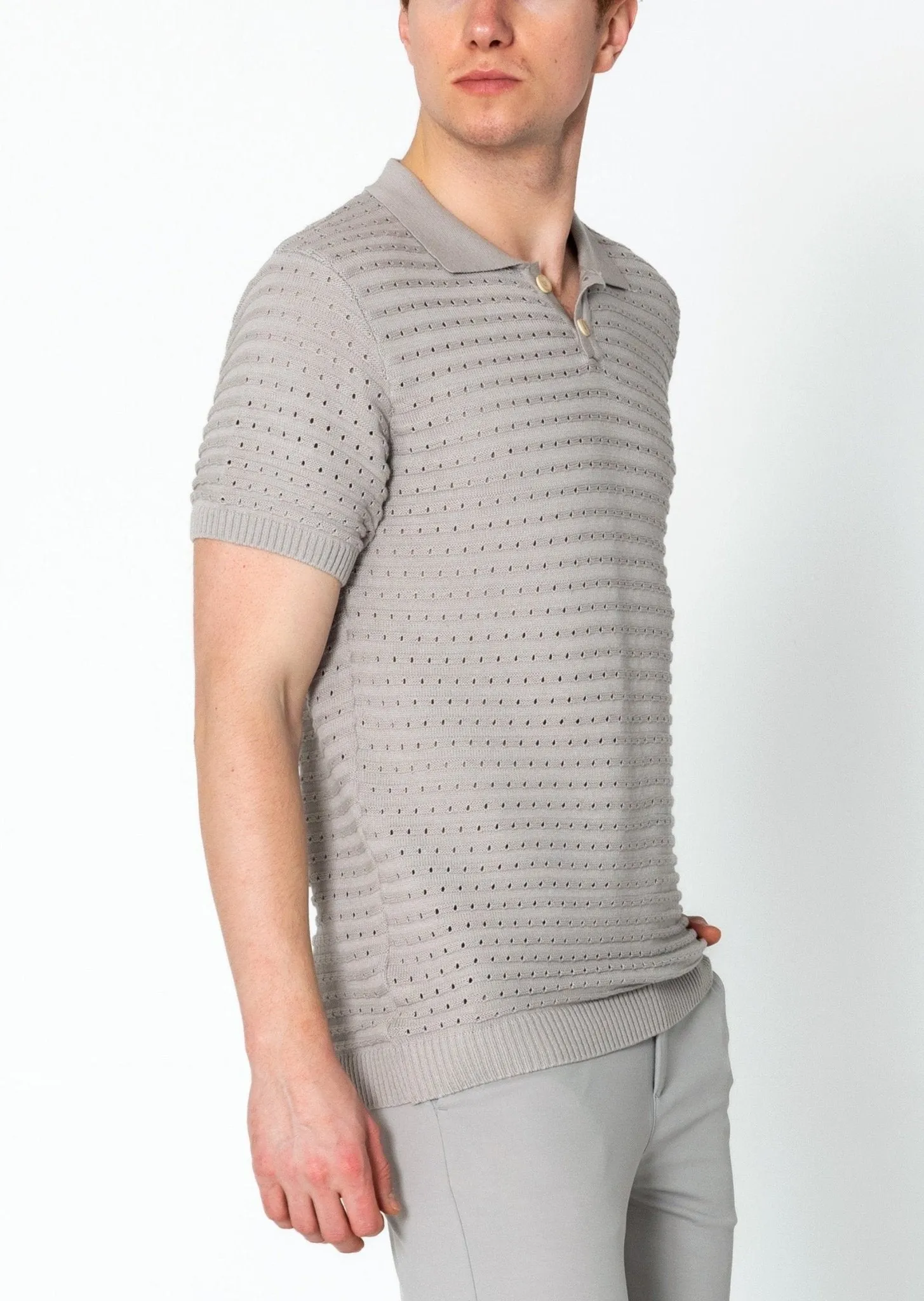 Eyelet Short Sleeve Polo Tee - Grey