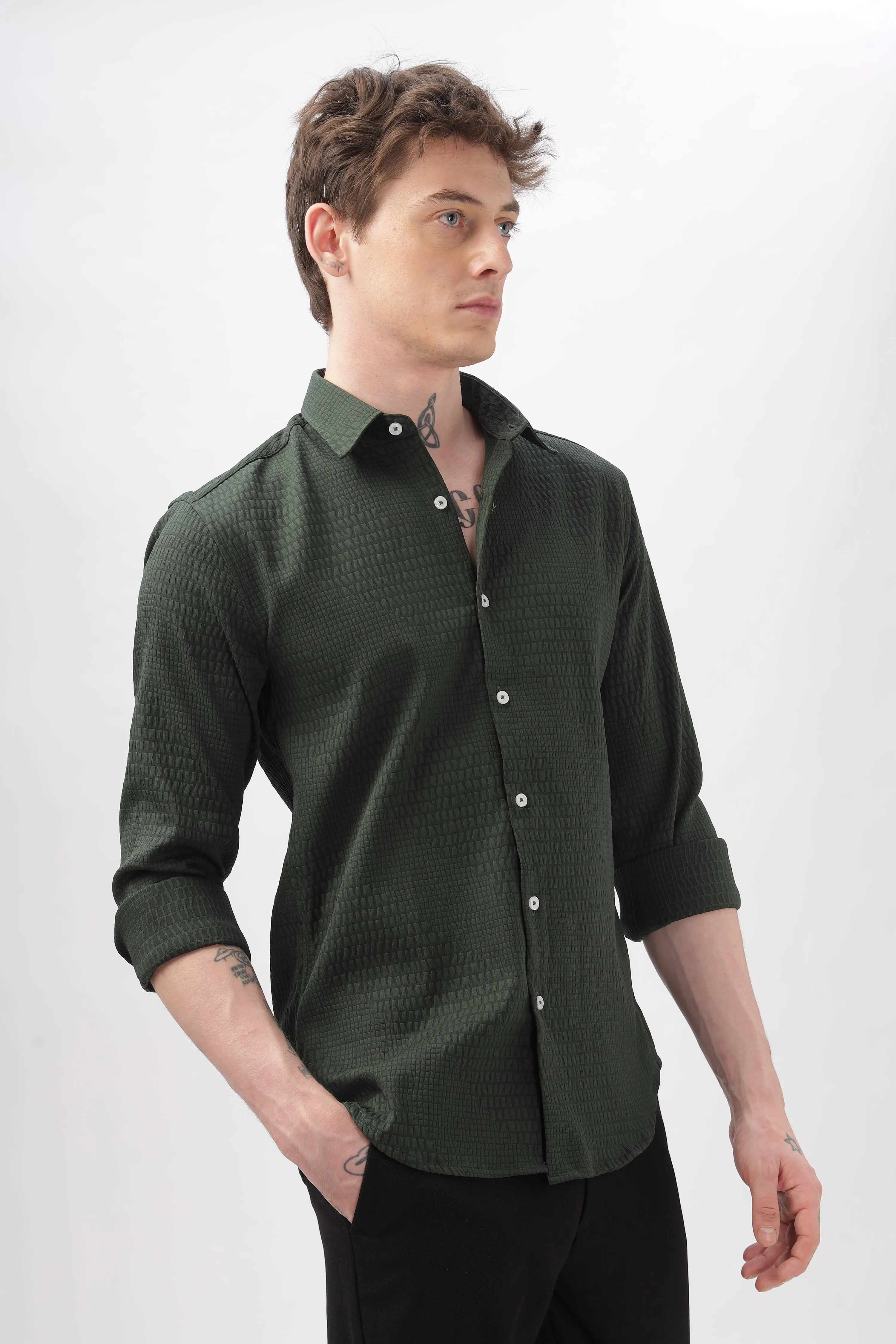 Faux Alligator Print Green Textured Shirt