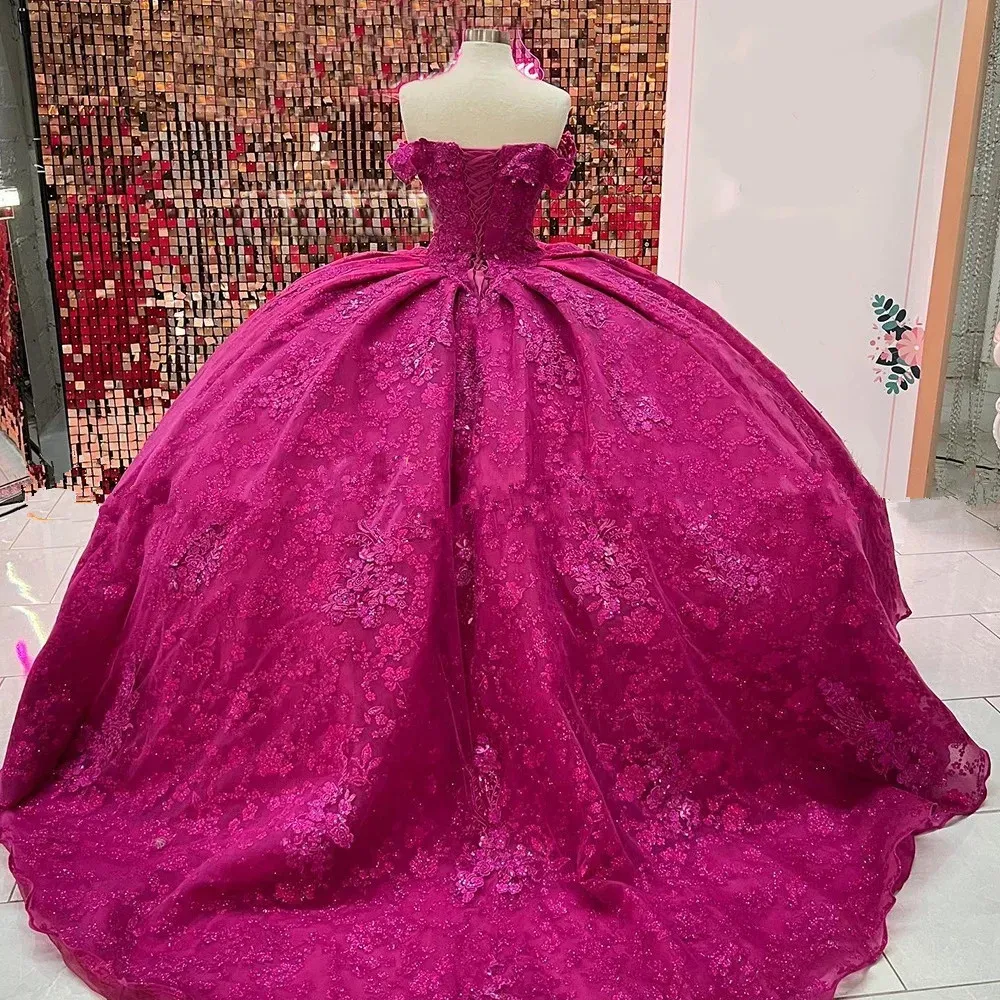 Fuchsia Quinceanera Dresses Mexican Sweetheart Puffy lace-up corset Off Shoulder Applique Luxury princess Vestidos De XV Anos