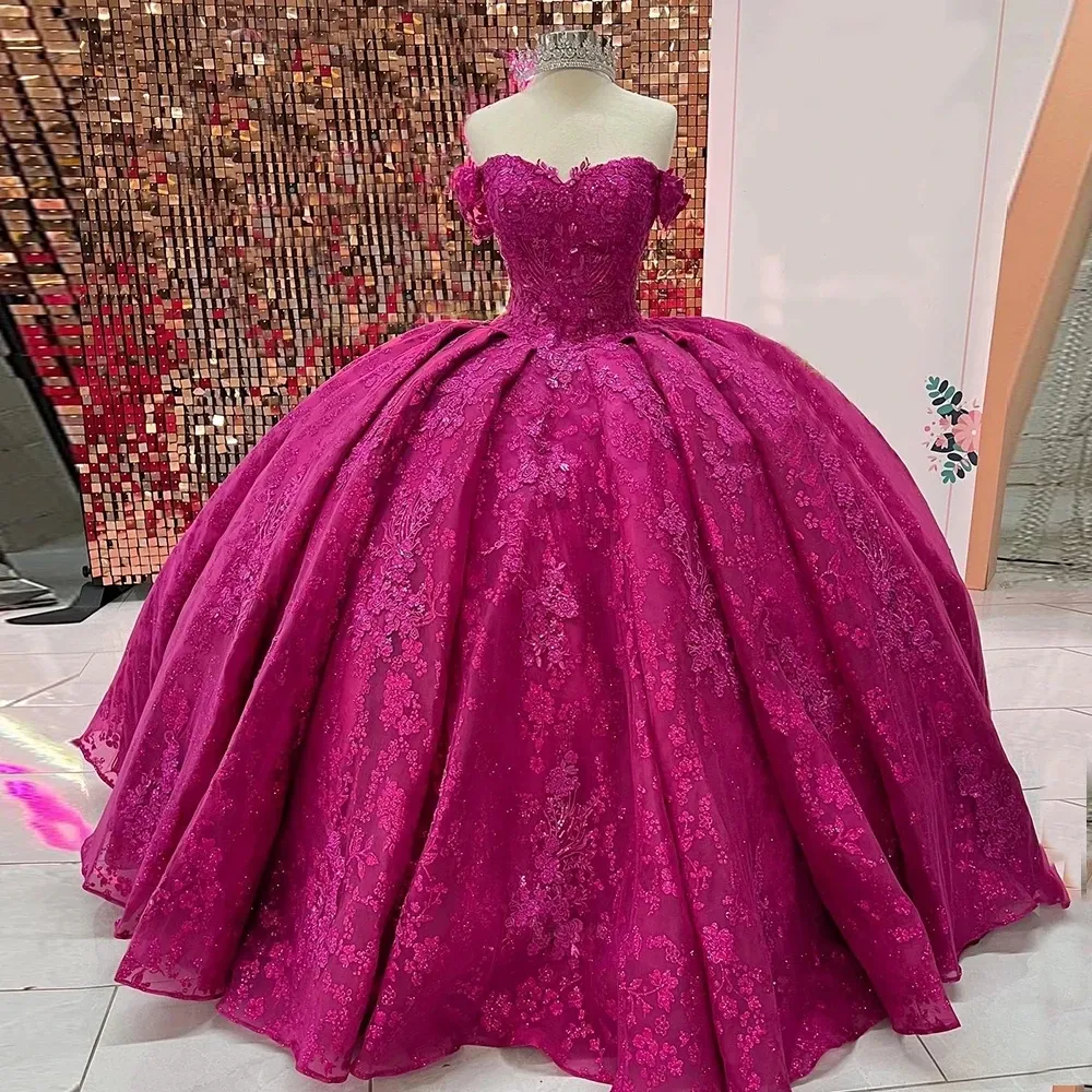 Fuchsia Quinceanera Dresses Mexican Sweetheart Puffy lace-up corset Off Shoulder Applique Luxury princess Vestidos De XV Anos