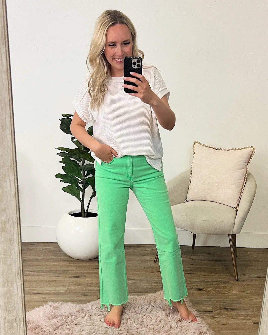 KanCan Suzanna Neon Green Chewed Hem Wide Leg Jeans