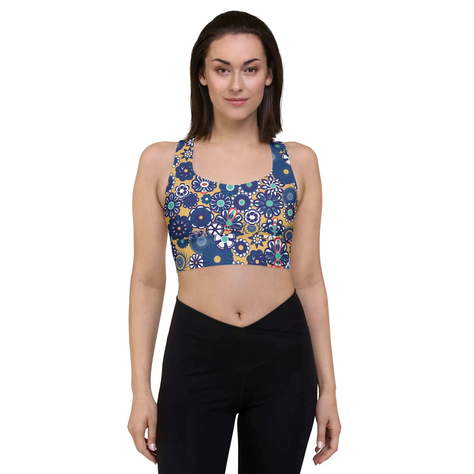 Lilly Longline sports bra, Peach avy Flowers on