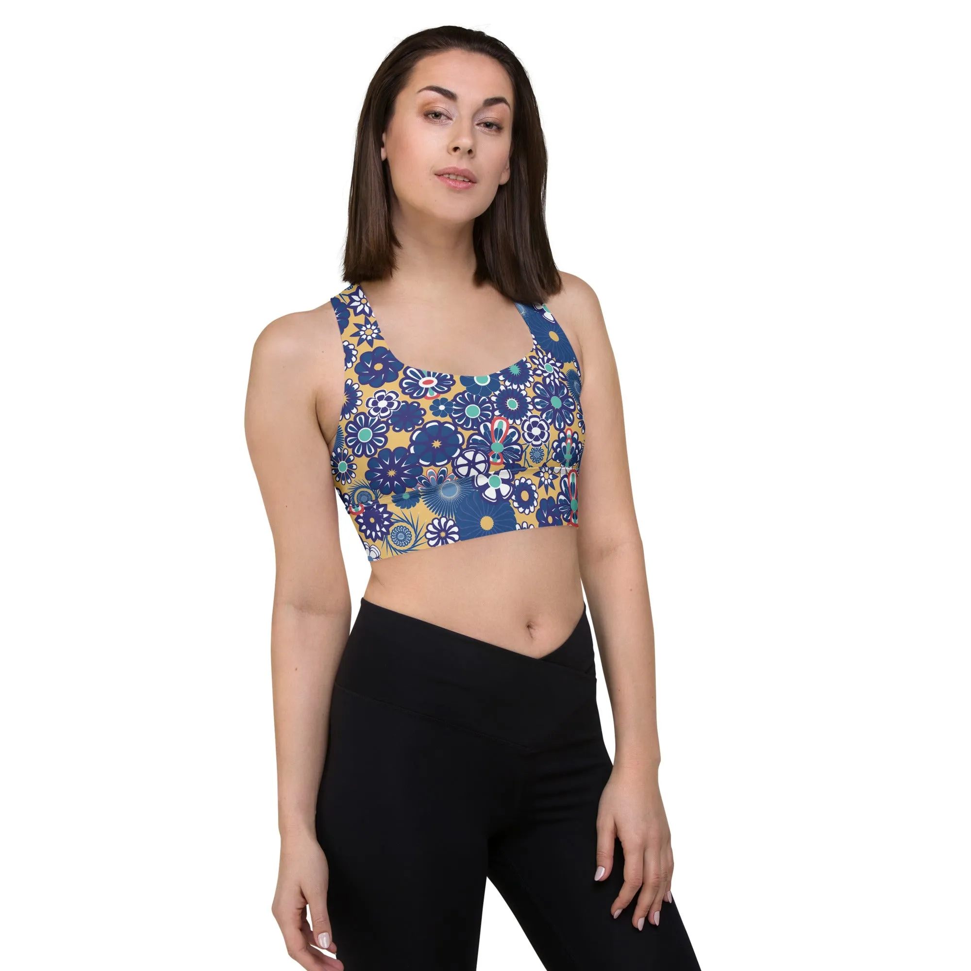 Lilly Longline sports bra, Peach avy Flowers on