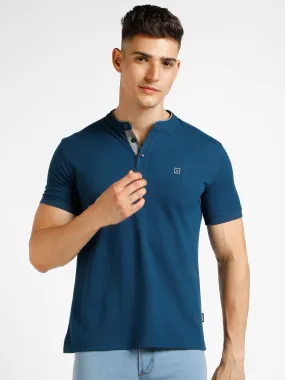 Men's Blue Solid Slim Fit Half Sleeve Cotton Polo T-Shirt with Mandarin Collar