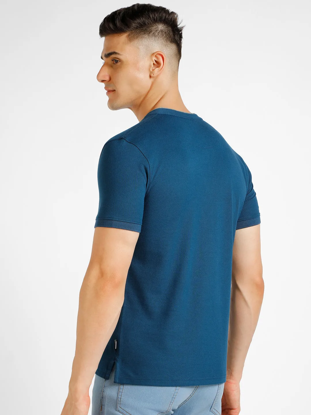 Men's Blue Solid Slim Fit Half Sleeve Cotton Polo T-Shirt with Mandarin Collar