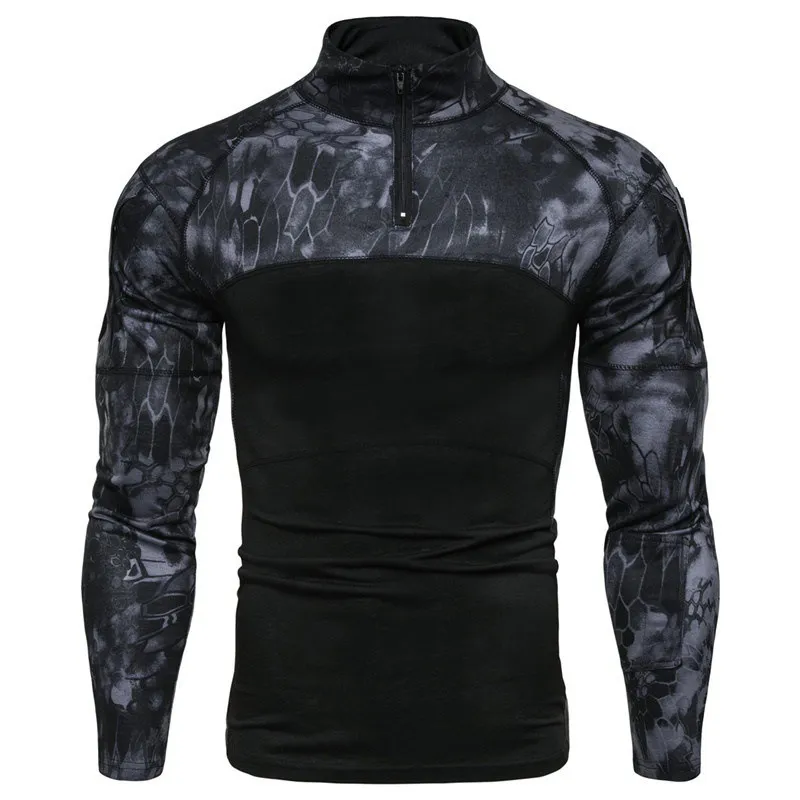 Men's Camouflage Stitching Casual T-Shirt Stand Collar Long Sleeve Lightweight Jumper | 1815-G11