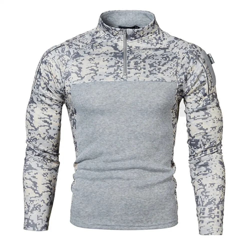 Men's Camouflage Stitching Casual T-Shirt Stand Collar Long Sleeve Lightweight Jumper | 1815-G11