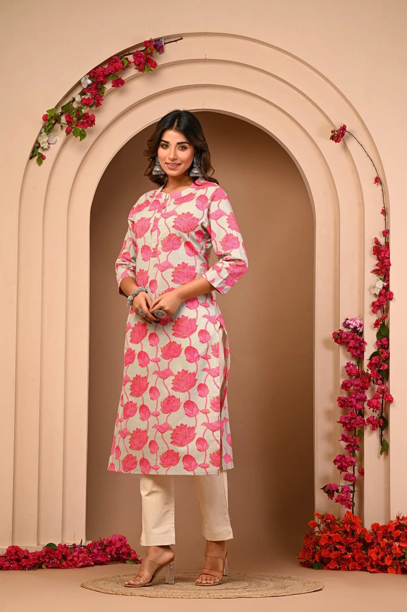 Pink Cotton  Printed Kurti