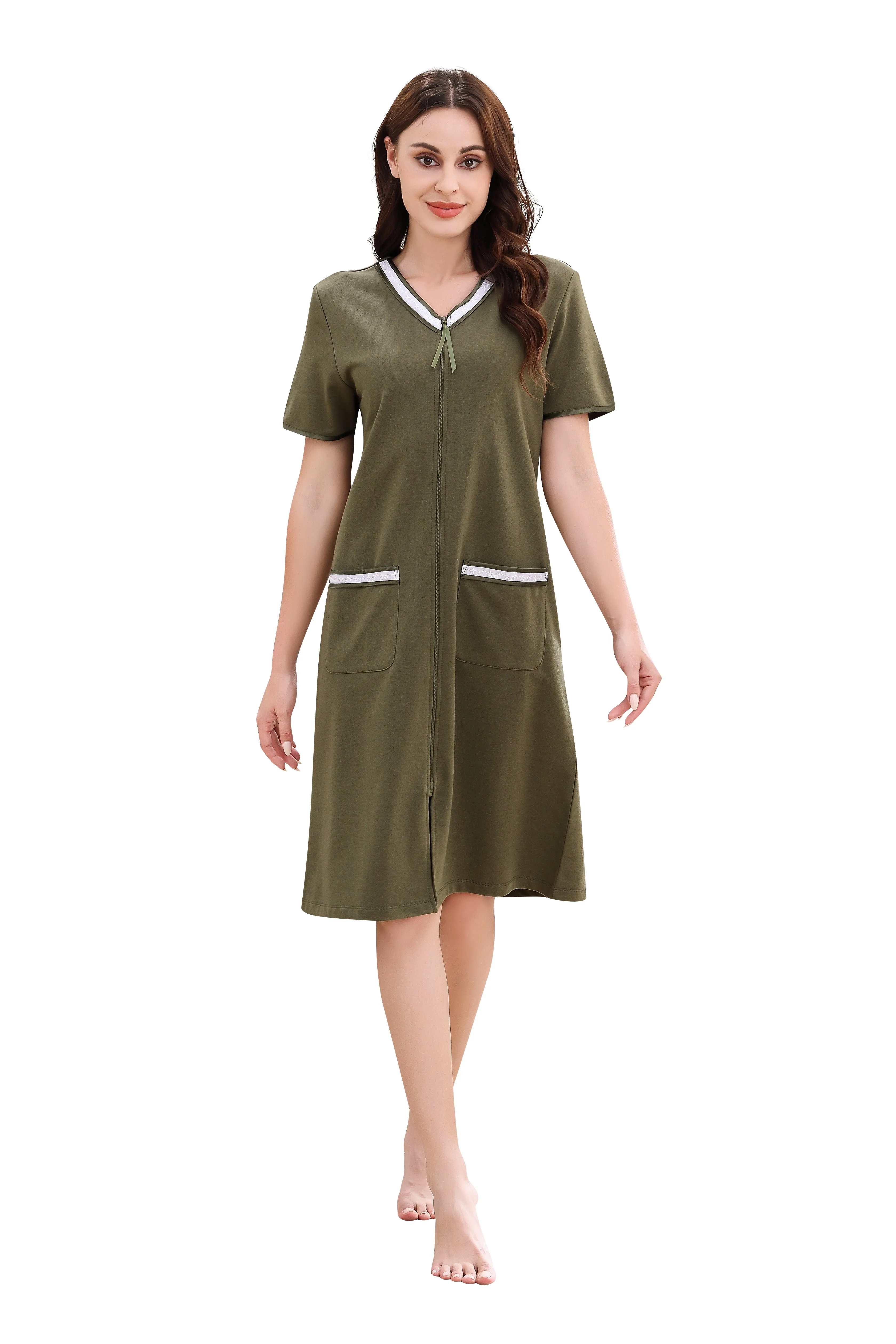 Richie House Women Zipper Robe Loungewear Short Sleeve Sleepwear Pockets Housecoat Long Soft Bathrobe RHW2898