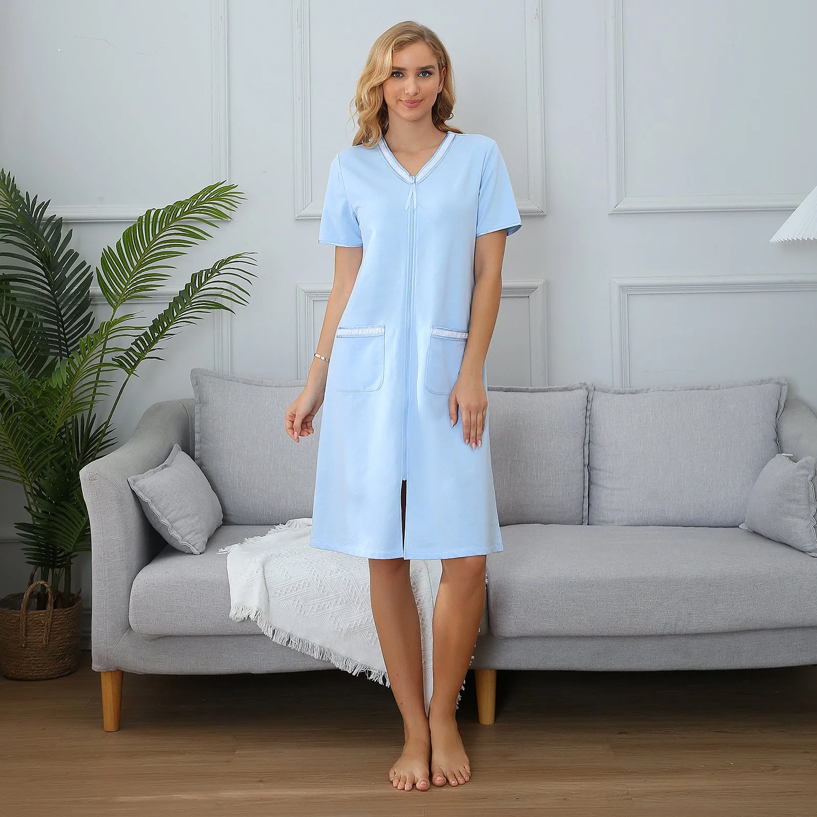 Richie House Women Zipper Robe Loungewear Short Sleeve Sleepwear Pockets Housecoat Long Soft Bathrobe RHW2898