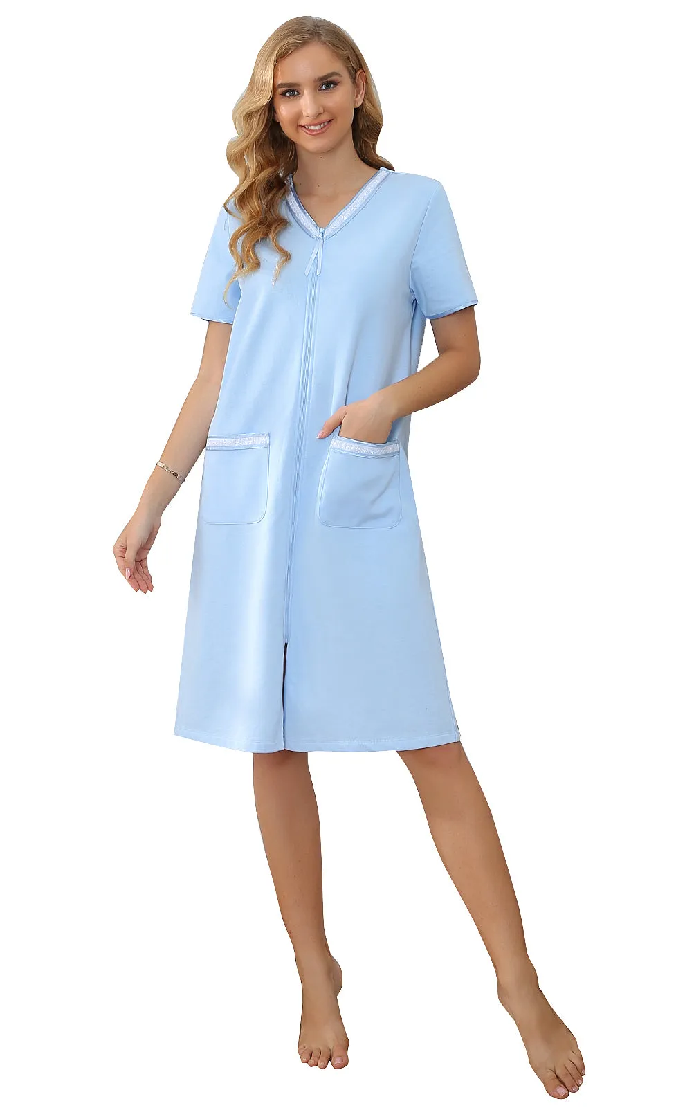 Richie House Women Zipper Robe Loungewear Short Sleeve Sleepwear Pockets Housecoat Long Soft Bathrobe RHW2898