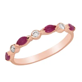 ROSE GOLD FASHION RING WITH MARQUISE RUBIES AND ROUND DIAMONDS, .09 CT TW