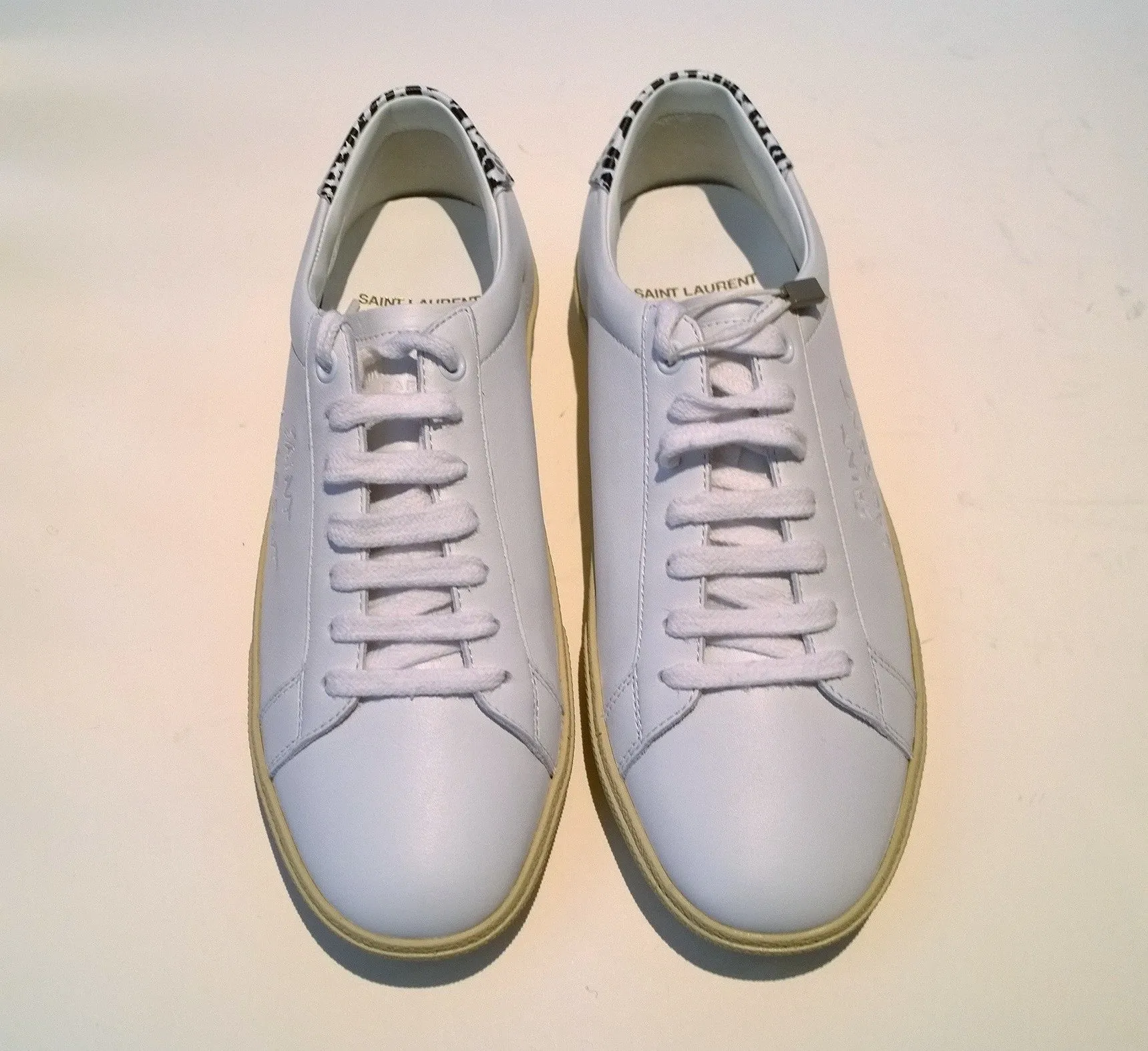 Saint Laurent Court Classic White Leather Sneakers with Snow Leopard Print Detail New Shoes