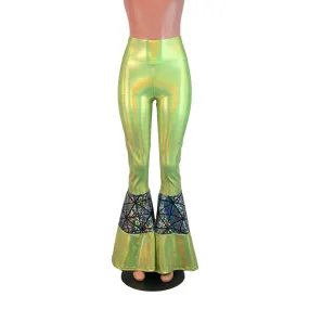 SALE - High-Waisted Tiered Bell Bottom Flares  - Lime Green/Silver Glass Pane