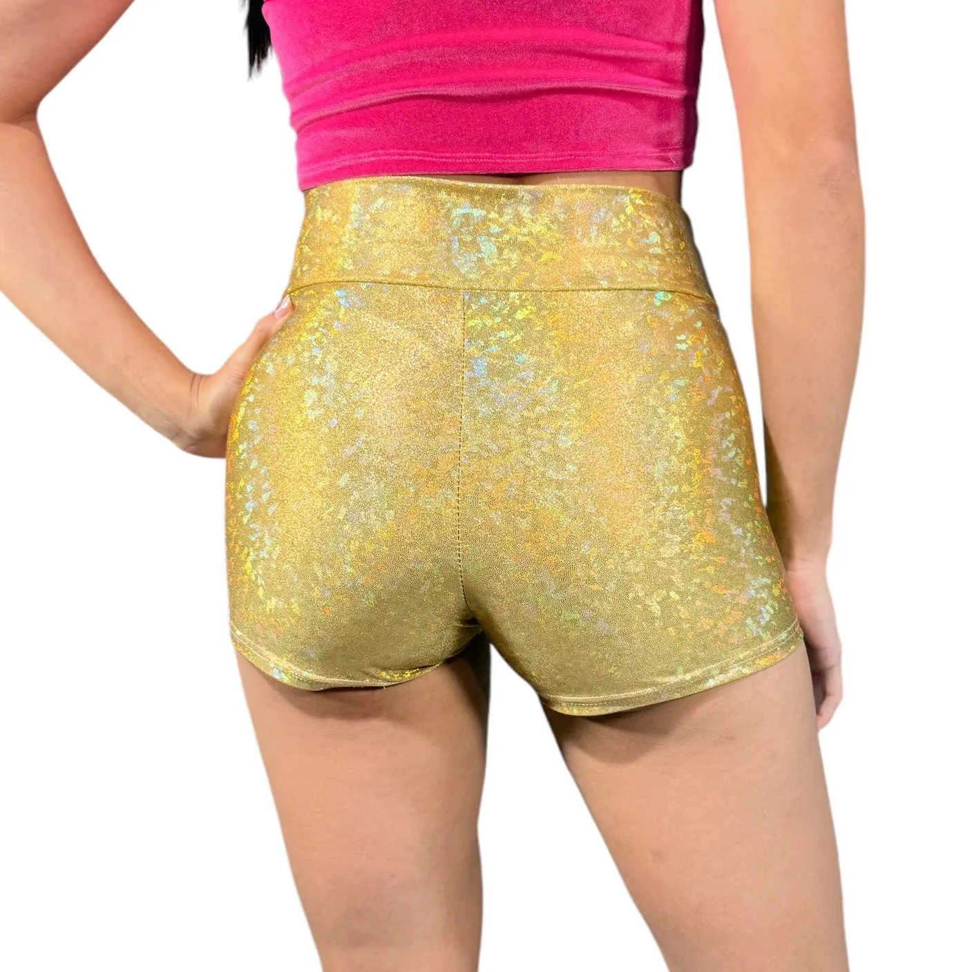 SALE - MID Rise Booty Shorts - Gold Holographic Shattered Glass