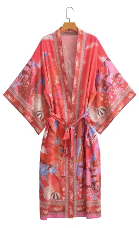 Vintage Chic Mermaid Kimono Beach Cover Ups Floral Print Batwing Sleeve Kimono Robe, Bohemian Bikini Cover Up Kimono