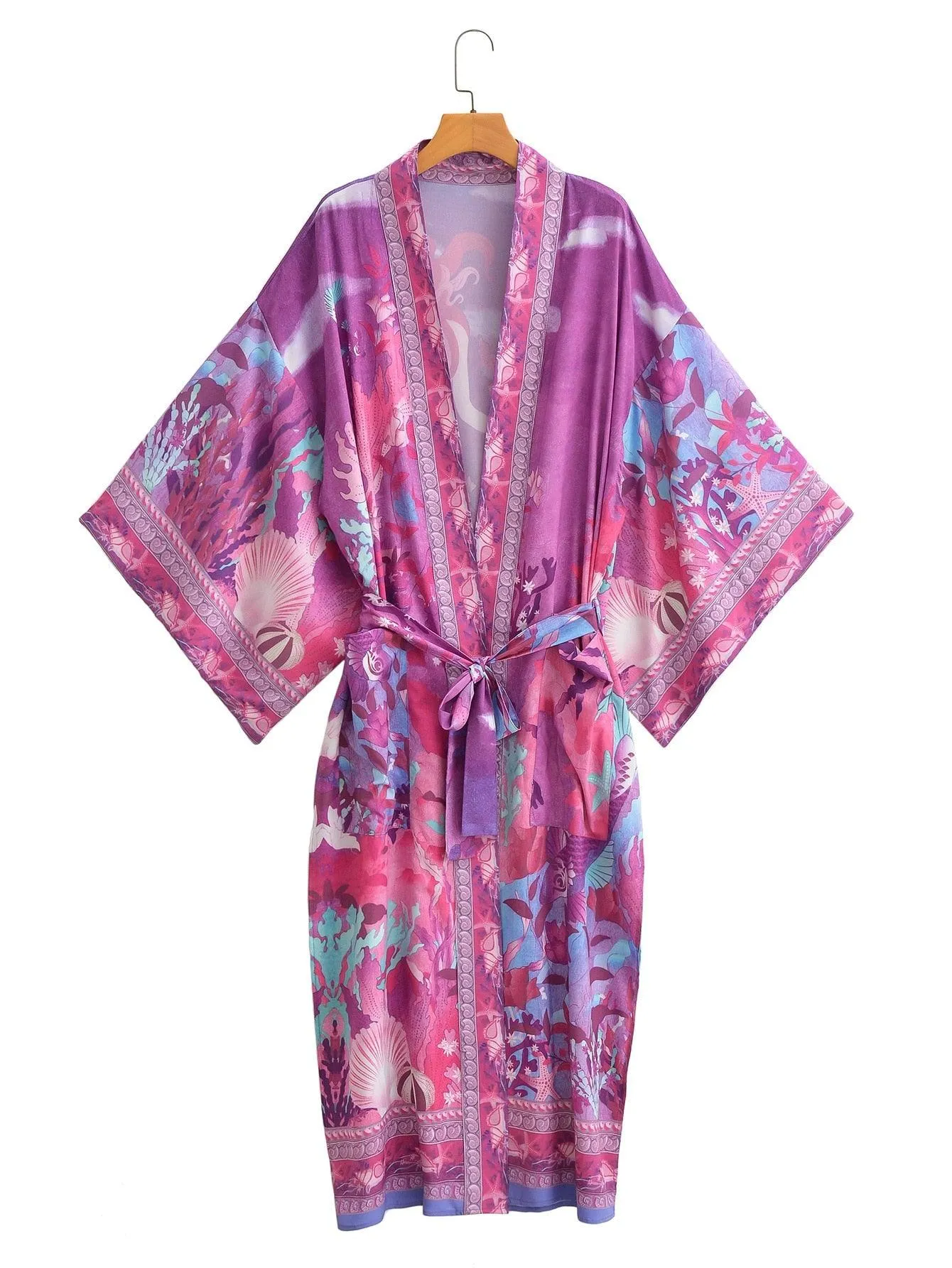 Vintage Chic Mermaid Kimono Beach Cover Ups Floral Print Batwing Sleeve Kimono Robe, Bohemian Bikini Cover Up Kimono