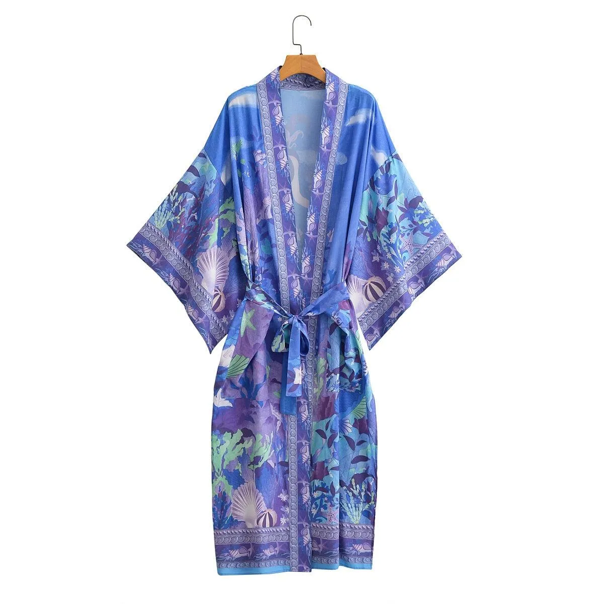 Vintage Chic Mermaid Kimono Beach Cover Ups Floral Print Batwing Sleeve Kimono Robe, Bohemian Bikini Cover Up Kimono